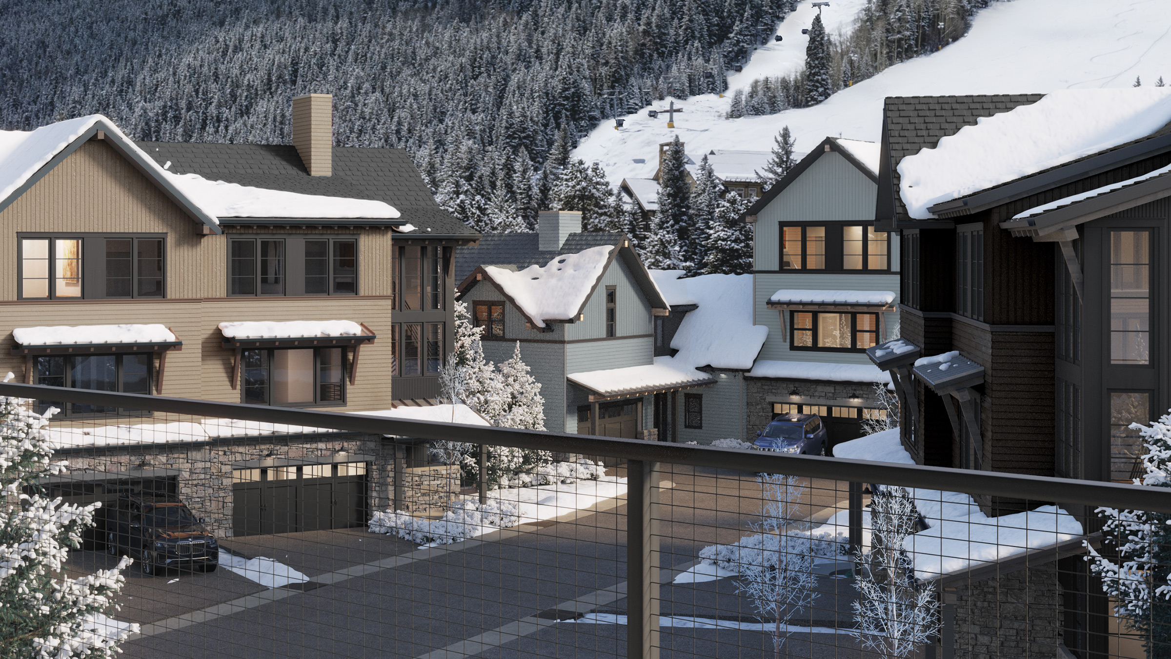 Residences feature mountain modern architecture, two-car garages, and private driveways.