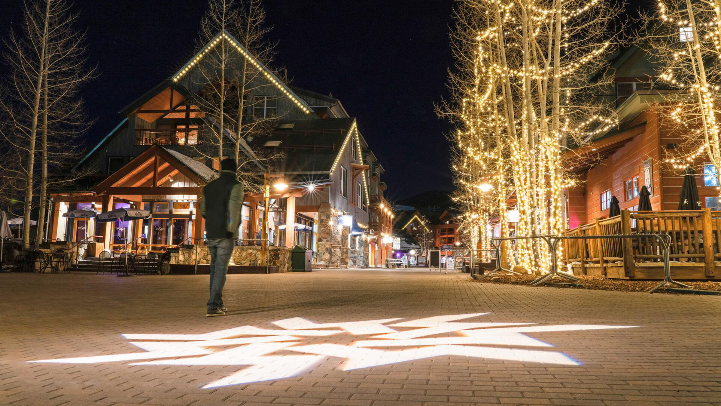 At night, the Village and Events Plaza light up.