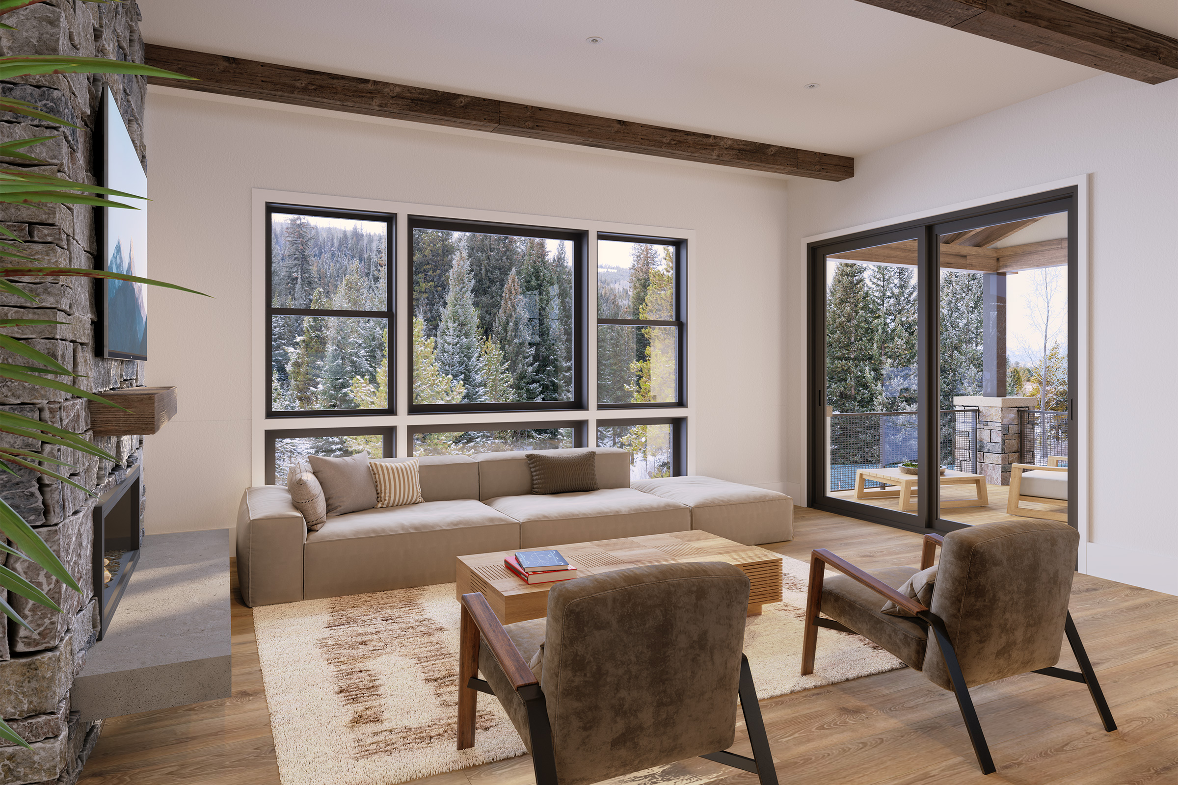 Large windows and sliding glass doors bring nature into the home.