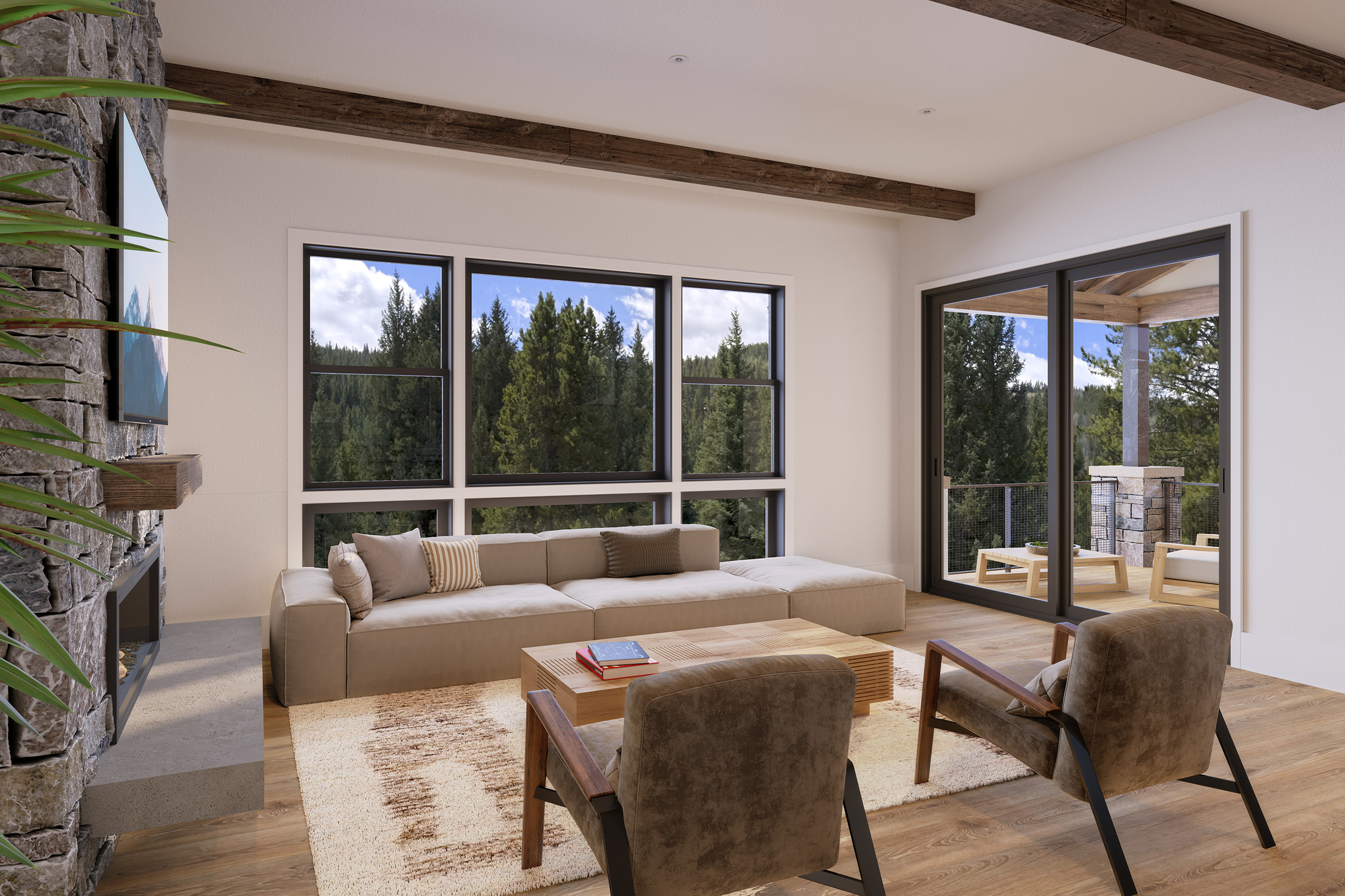 Large windows and sliding glass doors bring nature into the home.