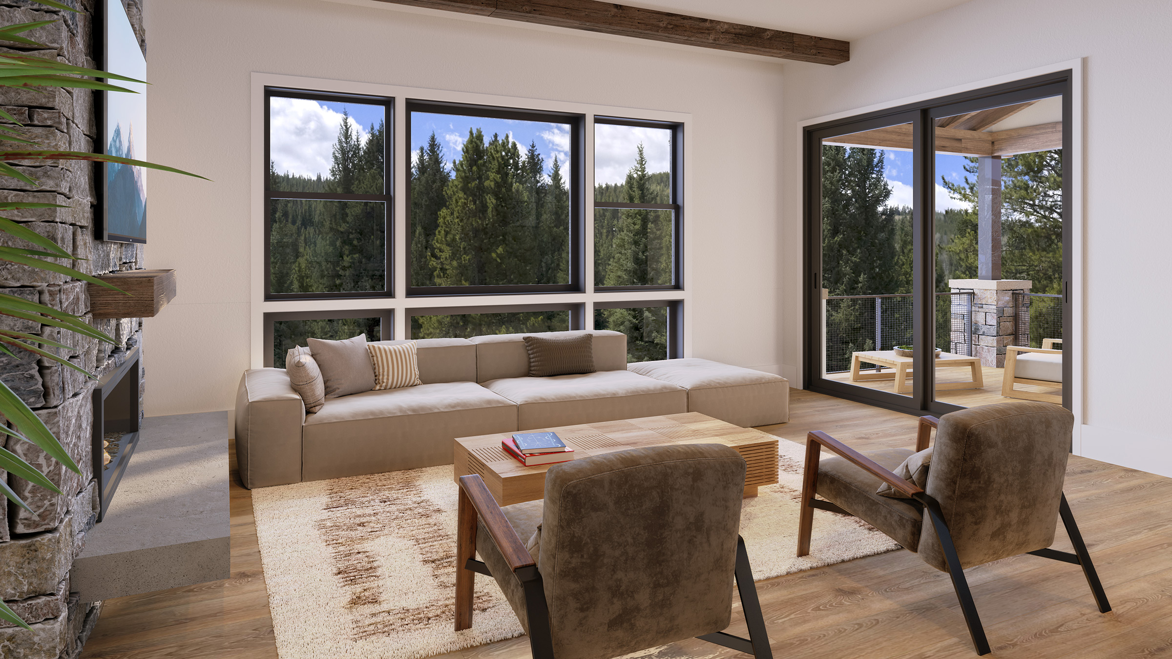 Large windows and sliding glass doors bring nature into the home.