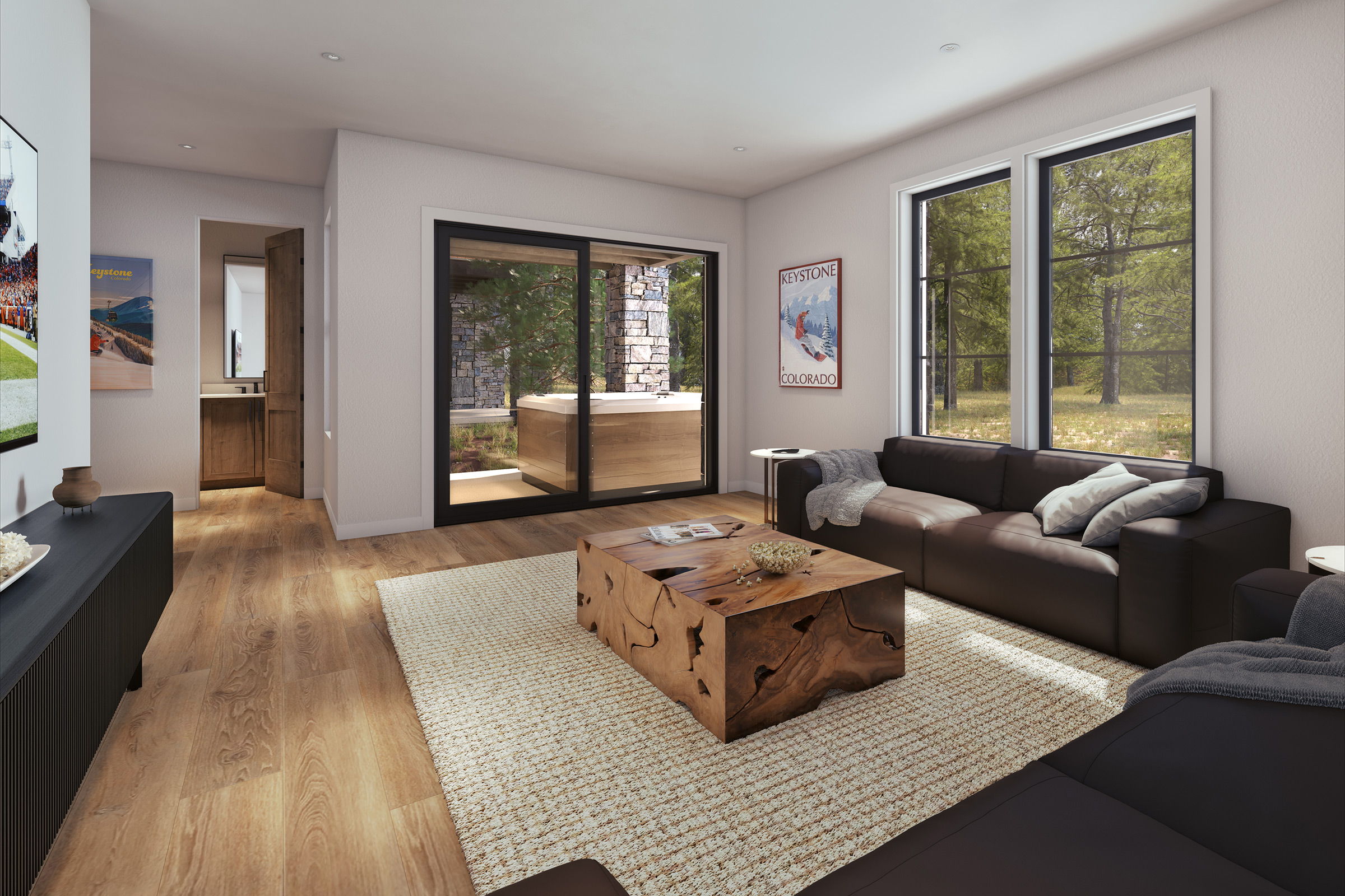 Generous windows and glass doors bring views inside.